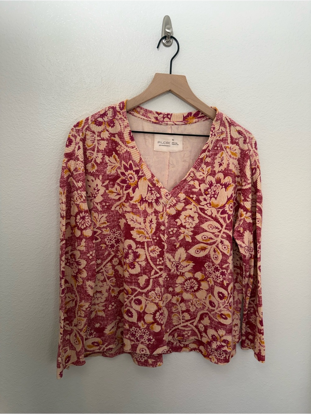 Anthropologie Pilcro Moira Oversized Boho Floral Waffle Thermal Pullover XS - Picture 4 of 9
